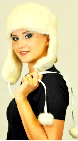 Scandinavian white mink fur hat - Ushanka